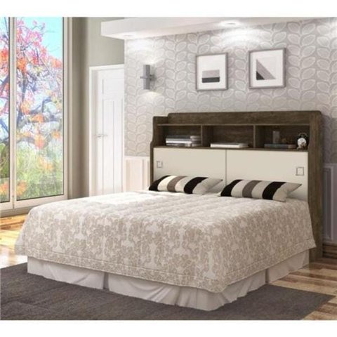Cabeceira Box Casal 1,40 com 2 Portas Deslizantes Jessica Castanho com Offwhite