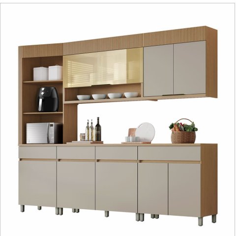 Cozinha 5 Peças 7 Portas 1 Porta Vidro 4 Gavetas Torre Angular Realeza Premium 265 Cm Mdf Nesher