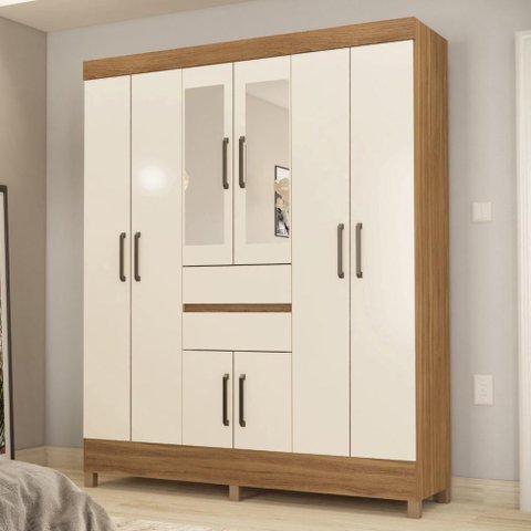 Guarda Roupa Casal 8 Portas com Espelho e 2 Gavetas Paranaguá Amêndola Touch-off White