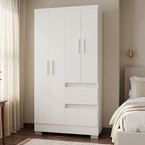 Guarda Roupa Solteiro 4 Portas 2 Gavetas com Pés Nápoles Branco
