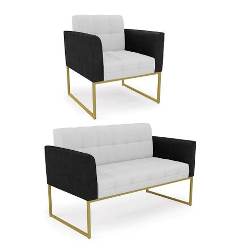 Sofá Namoradeira e Poltrona Base Industrial Dourado Elisa Preto-linho Cinza A05 D03 - D'Rossi