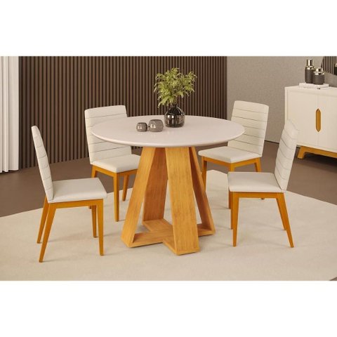 Sala de Jantar Completa Celeste C/ Tampo Madeirado C/ Vidro Redondo 103x103cm e 4 Cadeiras Sofia