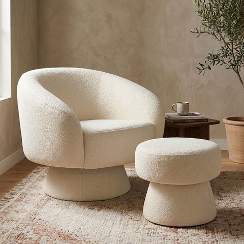 Poltrona Decorativa Giratória com Puff Liz Bouclé Off White - Nexta Casa