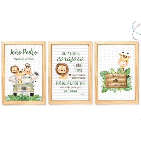 3 Quadros Decorativos Safari Baby Aquarela com Moldura:pinus