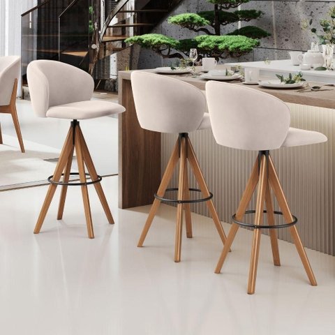 Kit 06 Banquetas Alta Bar Cozinha Sala de Jantar Bar Mia L02 Suede Bege - Lyam Decor