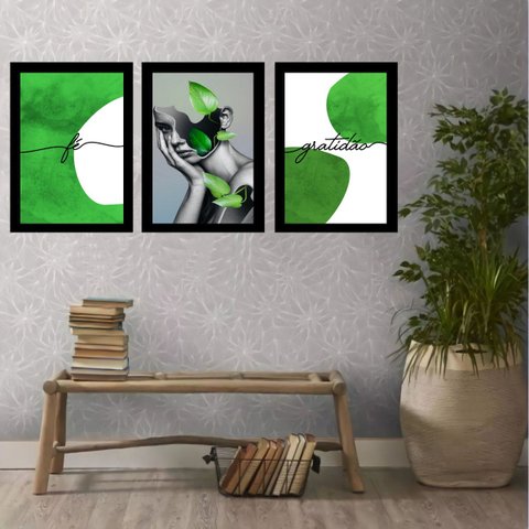 Kit 3 Quadros Abstratos Verdes Mulher Fé gratidão 45x34cm - com Vidro:madeira Preta