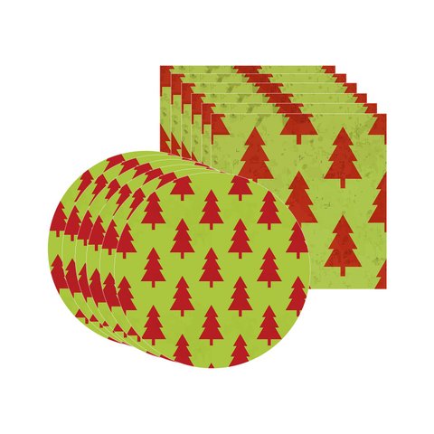 Kit Sousplat + Guardanapo Natal Fundo Verde/pinheiro - 6 Peças - com Base