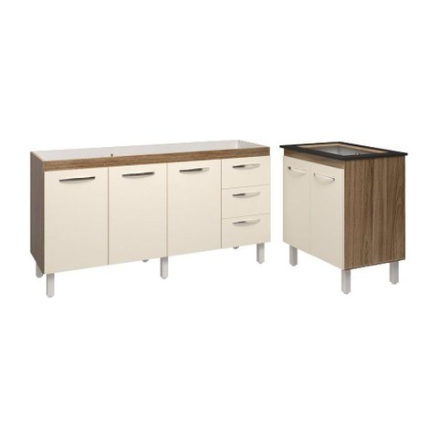 Armário Cozinha Balcão Gabinete de Pia 160 Cm Estela e Balcão Fran para Fogão Cooktop 4 Bocas