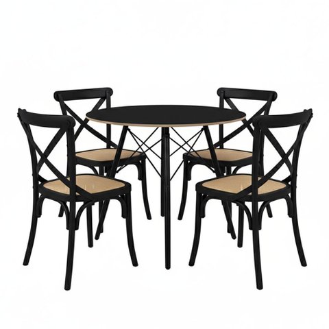Conjunto Mesa Redonda Eames Black 90cm + 4 Cadeiras Paris Rattan Sala Cozinha Jantar La Mobilia