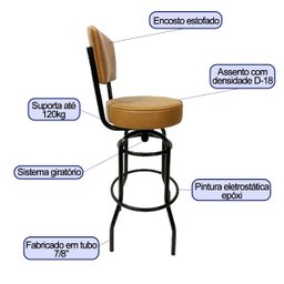 Kit 2 Banquetas Bar Bancada Média Altura 65cm Preta Giratória Encosto estofado Assento cor Caramelo  - 2