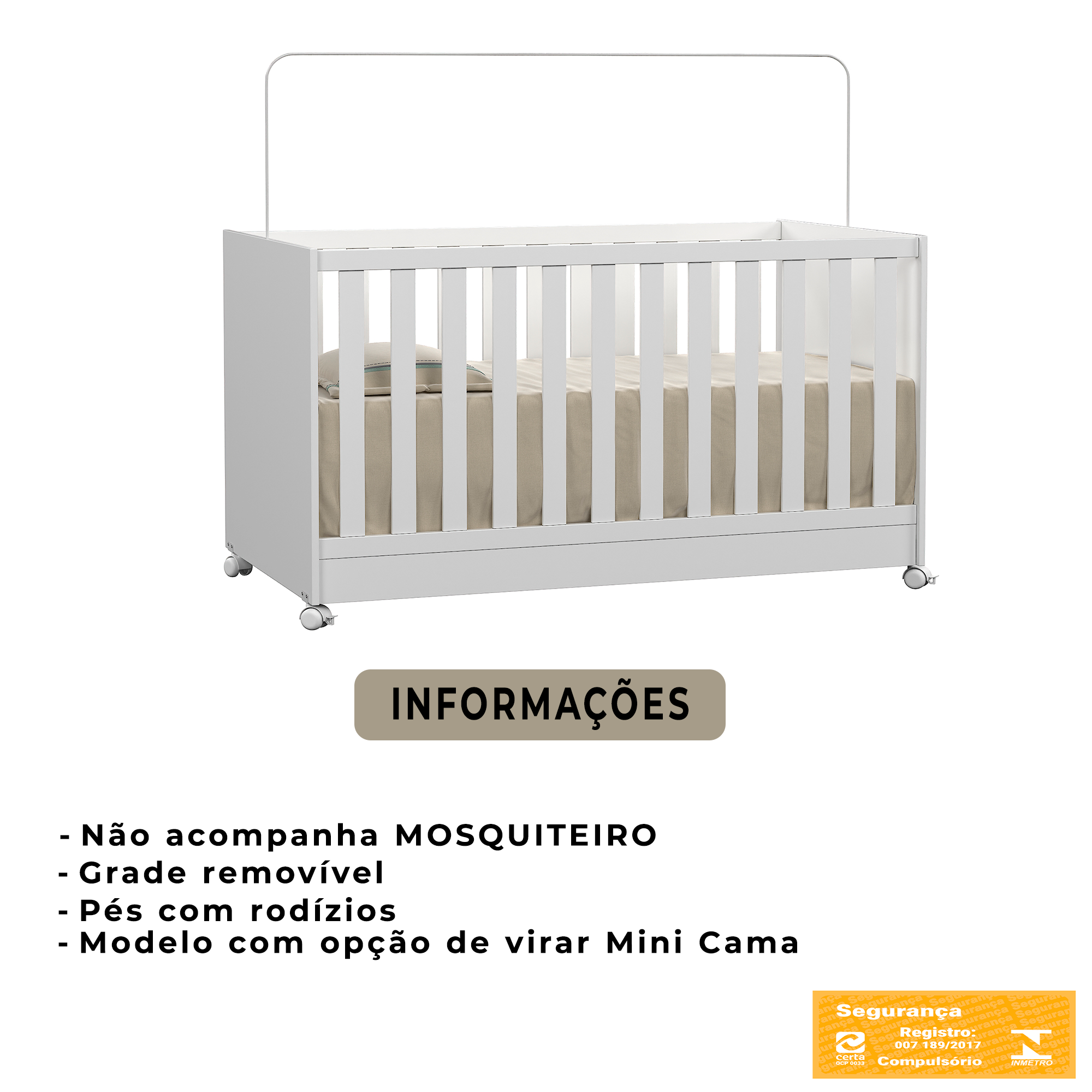 Mini Berço Infantil Vira Cama com Grade de Proteção Lateral e Rodízios para Quarto de Bebê - 8