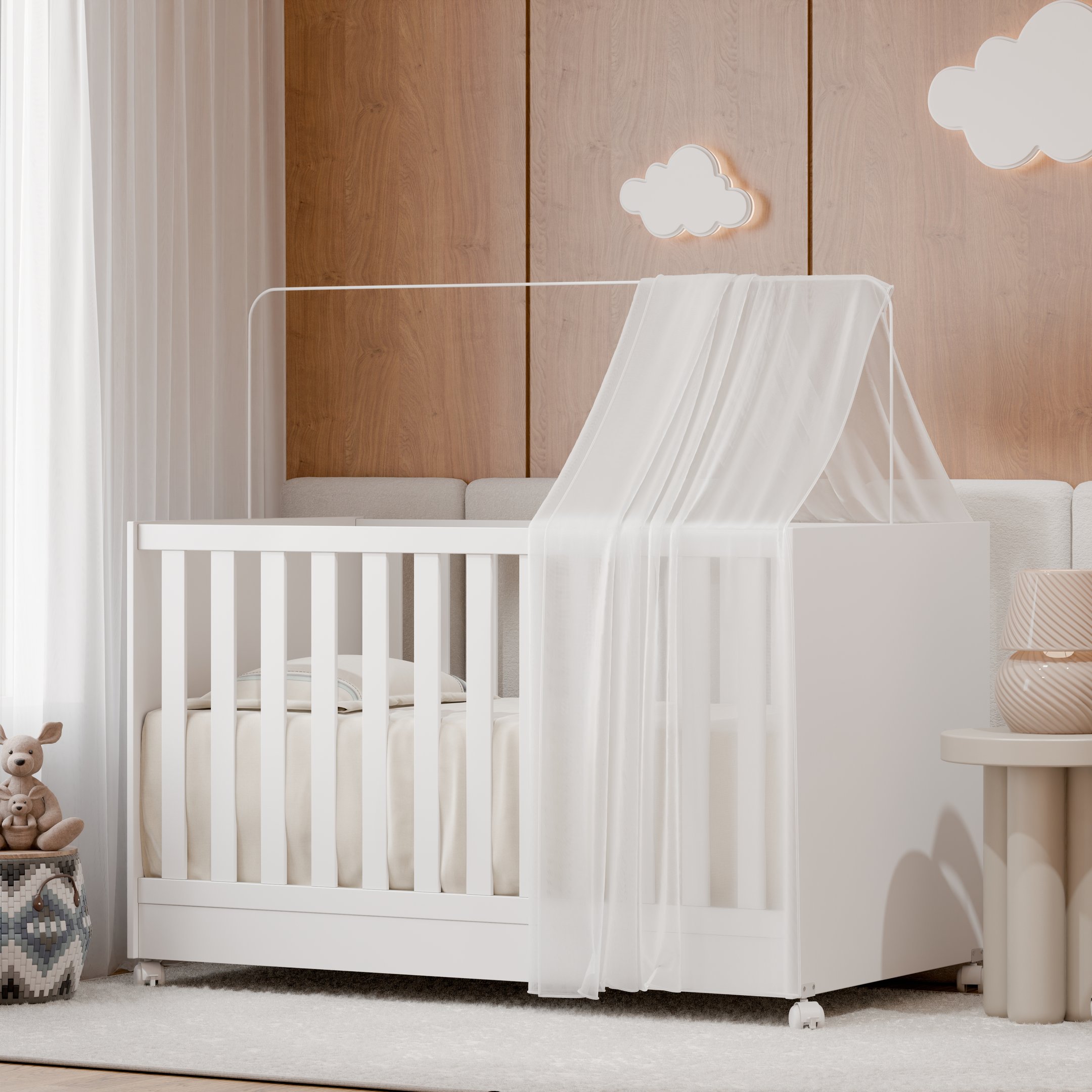 Mini Berço Infantil Vira Cama com Grade de Proteção Lateral e Rodízios para Quarto de Bebê