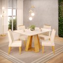 Ver imagem 1 de Conjunto Sala de Jantar 4 Cadeiras Tampo de Vidro Dj Móveis Kiara Cedro Yasmin Linho Neve