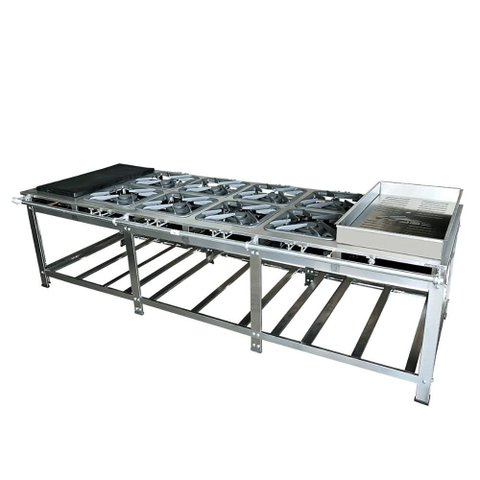 Fogão Industrial de Centro 8 Bocas Duplas Cefaz Linha Gold Inox 430 Baixa Pressão com Chapa e
