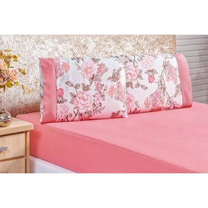 Jogo de Lençol Naturale Queen 3 Peças 200 Fios Floral Coral