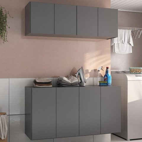 Conjunto Lavanderia Suspenso Multiuso Armário Aéreo e Balcão 4 Portas Multimóveis Mp5052 Grafite