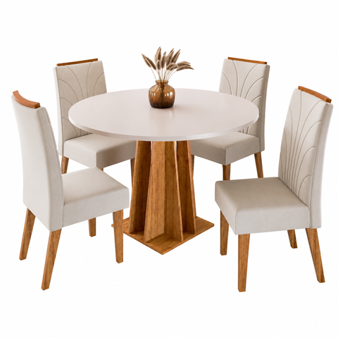 Conjunto Sala de Jantar 4 Lugares Redondo Tampo de MDF Bristol Cobre/Blonde/Bege - Casa Giulia