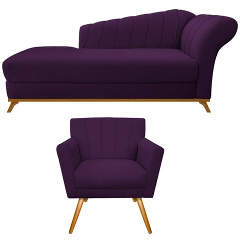 Kit Diva Recamier Vanessa 185cm Lado Esquerdo e 01 Poltrona Laura Suede Doce Sonho Móveis Roxo