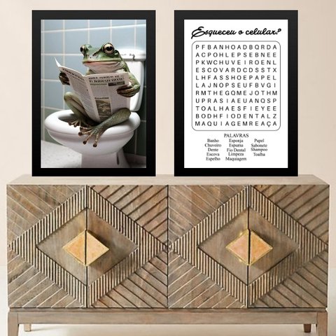 Kit 2 Quadros Divertidos Banheiro - Perereca 33x24cm - com Vidro:moldura Branca