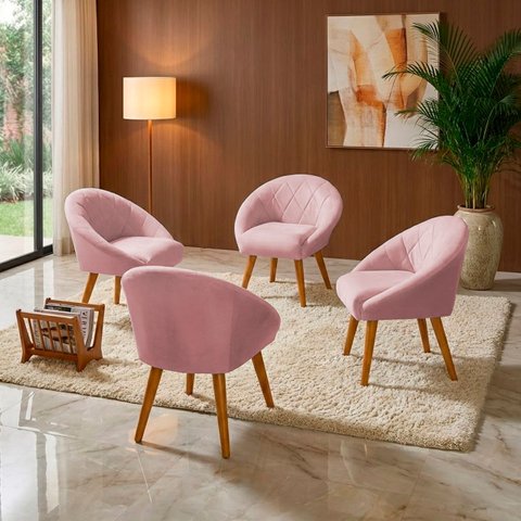 Kit 4 Poltrona Sala Decorativa Louis Veludo Rosa Pés Palito Castanho