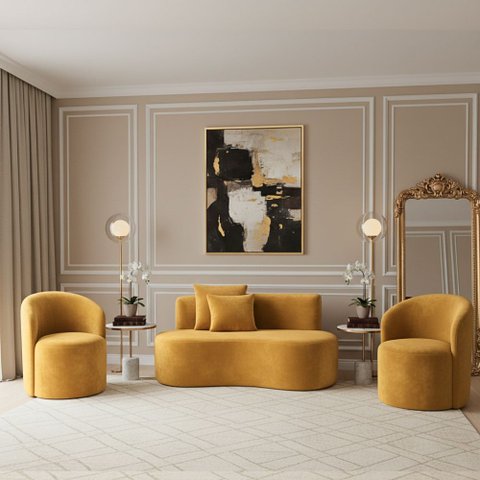 Conjunto Decorativo 02 Poltronas + Sofá Curvo Orgânico Nature Gaia Veludo Mostarda - Montanaris Deco