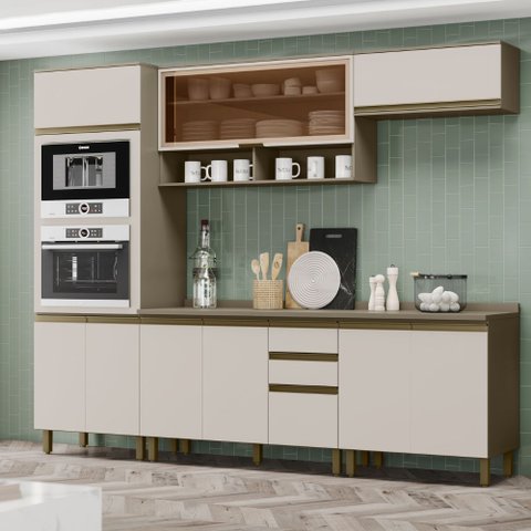 Cozinha Modulada 271,5cm 5 Peças com Torre Quente para 2 Fornos 10 Portas 2 Gavetas com Tampo Connec