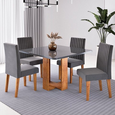 Conjunto Sala de Jantar 4 Lugares Quadrada Tampo de Vidro MDF Sophia Yescasa Cinza/Mel