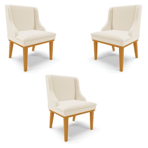 Kit 3 Cadeiras Decorativas Sala de Jantar Base Fixa de Madeira Firenze Linho Bege/Castanho G19 - Gra