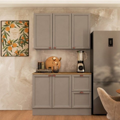 Cozinha Modulada Compacta Americana 2 Peças com Balcão 2 Portas 2 Gavetas Tampo Unna Griss