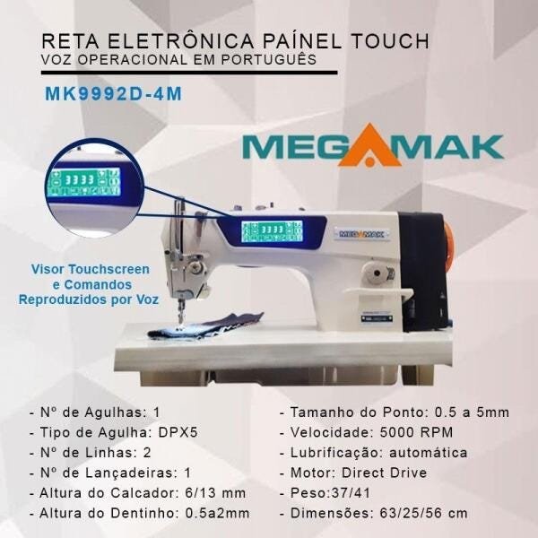 Máquina de Costura Reta Eletrônica Megamak com Painel Touch Screen -220v - 2
