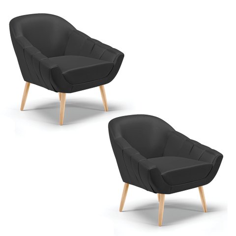 Kit 02 Poltronas Giovana Corino Preto Pés Palito Natural - D’Rossi