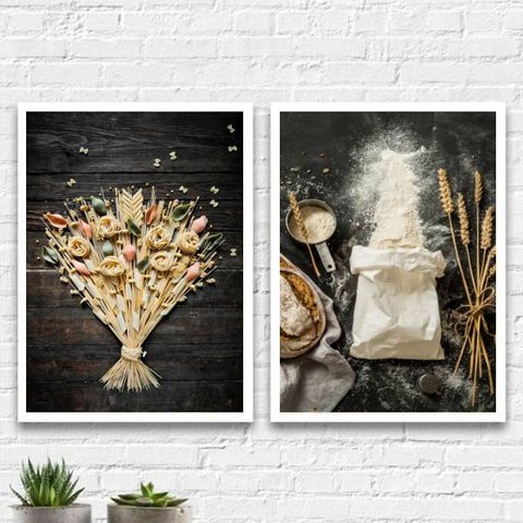 Kit 2 Quadros Cozinha Massas E Trigo 24x18cm - com vidro:Madeira branca