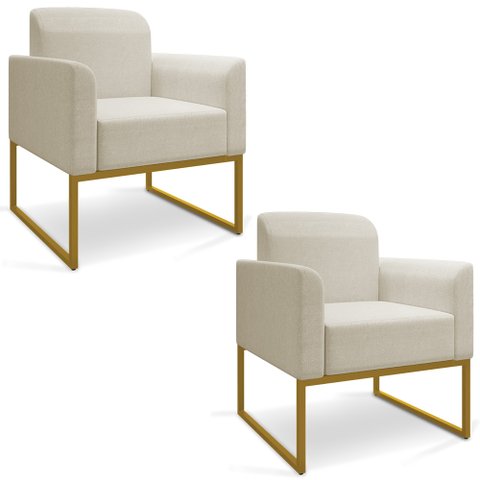 Kit 02 Poltronas Marisa Linho Base Industrial Metálica Dourado - D’Rossi - A19 Grosso Bege