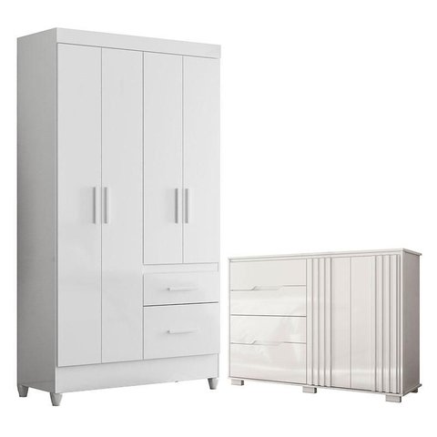 Guarda Roupa Solteiro Madri Flex e Cômoda Texas Branco Brilho – Moval