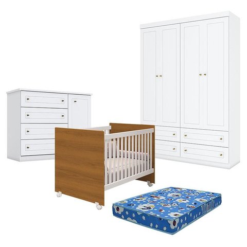 Quarto de Bebê Americano 4 Portas com Berço Nacional Mel Branco Savana – Reller - Henn e Colchão Ten