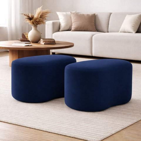 Kit 2 Puff Orgânico Curvo Feijão Sala Redondo Confortável Moderno Suede:azul Marinho