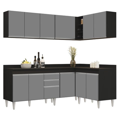 Armário de Cozinha Modulado de Canto 6 Peças Cp29 Balcão com Tampo Preto/cinza - Lumil Lumil Móveis
