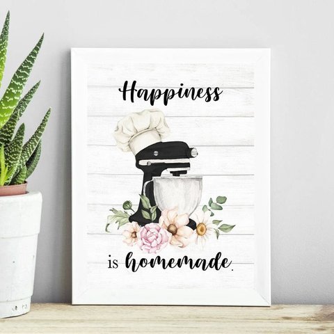 Quadro para Cozinha - Batedeira Happiness 24x18cm - com Vidro:madeira Preta