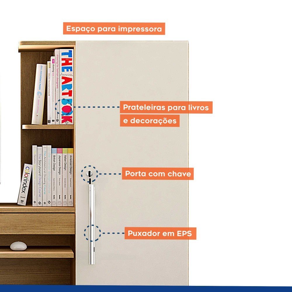 Mesa para Computador com Armário 1 Porta 1 Gaveta Office Valdemóveis Cinamomo/Off White - 3