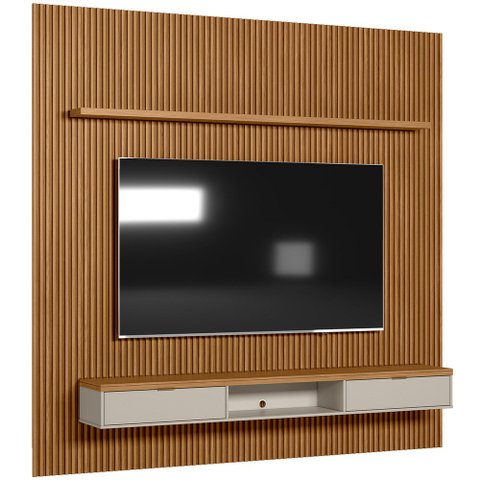 Painel Ripado Para TV 75 Pol Slats e Bancada Lisa 258x250cm L05 Nature Off White - Lyam Decor Slats 