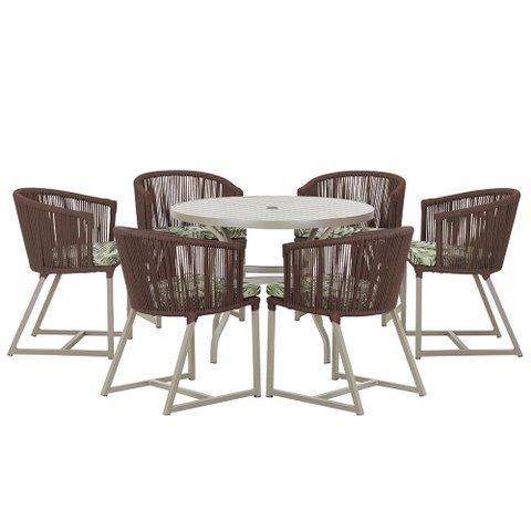 Mesa com 6 Cadeiras de Jantar Roma 120cm e Noronha em Alumínio Fendi Corda Náutica Estofado 5 Trama