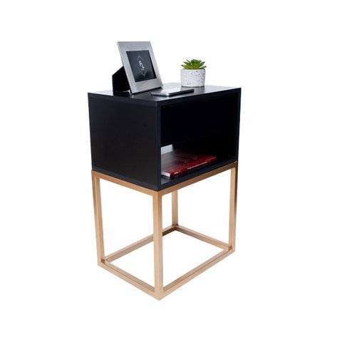 Mesa de Cabeceira Industrial 40cm Preto Gaveta e Nicho Pés Ferro Dourada para Quarto Cama