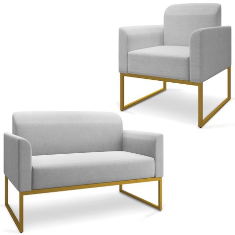 Conjunto Namoradeira e Poltrona Decorativa Isabella Base Industrial Linho Cinza/Dourado - Gran Belo