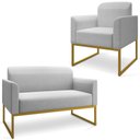 Ver imagem 1 de Conjunto Namoradeira e Poltrona Decorativa Isabella Base Industrial Linho Cinza/Dourado - Gran Belo