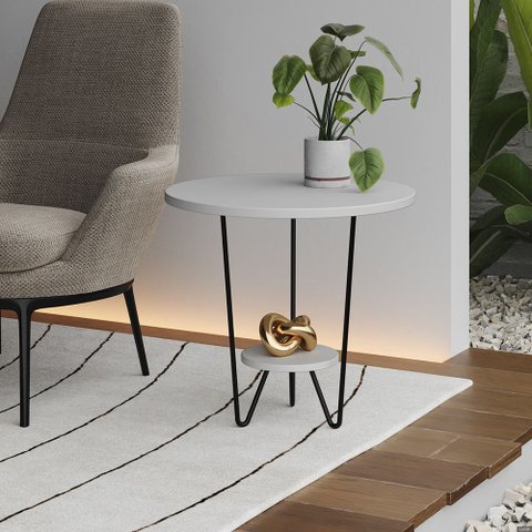 Mesa Lateral Redonda Industrial Italy Ferro Preto e Tampo Branco