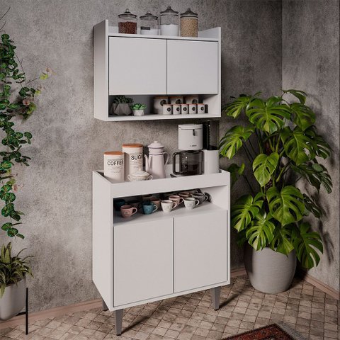 Conjunto Armário Cantinho do Café Chico 2 Portas com Aéreo Branco G96 - Gran Belo