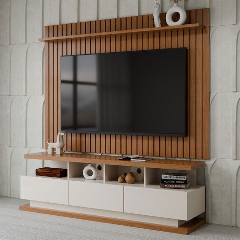 Rack com Painel para TV até 72 Polegadas Verona Classic 3 Gavetas Ripado Off White/Freijó - Panorama