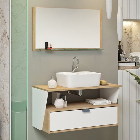 Conjunto Siena Gabinete Banheiro 80cm com Cuba e Espelheira:branco