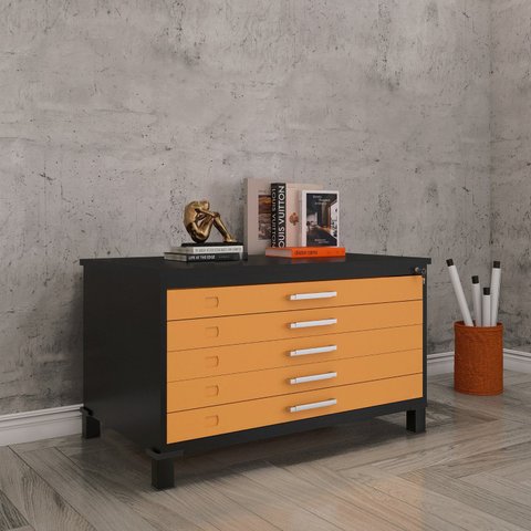Mapoteca Mont 5 Gavetas 71,3cm x 120,4cm Aço Preto/Laranja Picasso