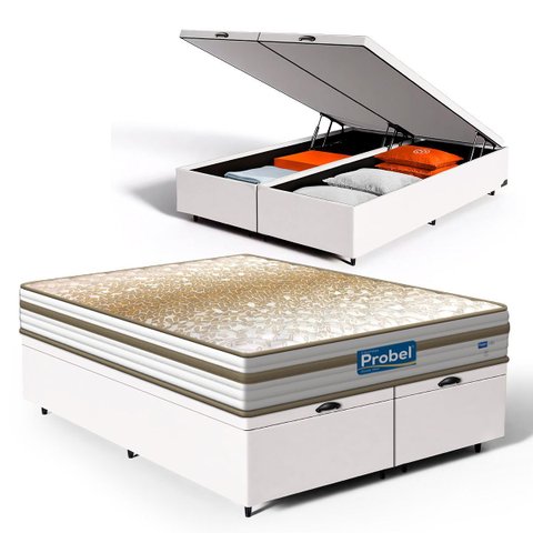 Cama Box Baú com Colchão de Molas Ensacadas Double Face Pillow Euro Alfa Probel Queen 158cm